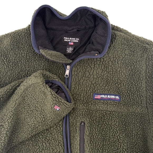 Vintage Polo Jeans Co Ralph Lauren Sherpa‎ Fleece Jacket Green Zip Up Size Large